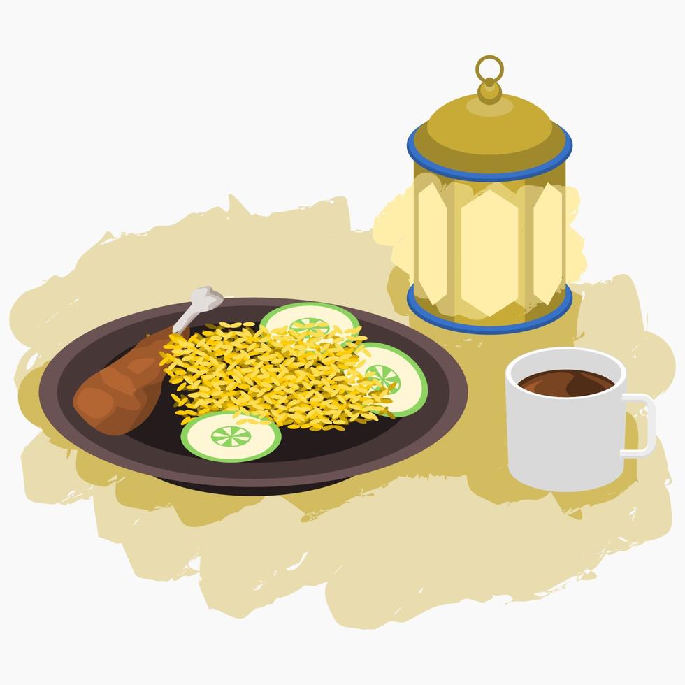 Arroz biryani de frango com vista superior editável de três quartos, uma caneca de café, com ilustração vetorial de lanterna árabe para cartaz de festa iftar do ramadã ou café com conceito de design de cultura do Oriente Médio vetor