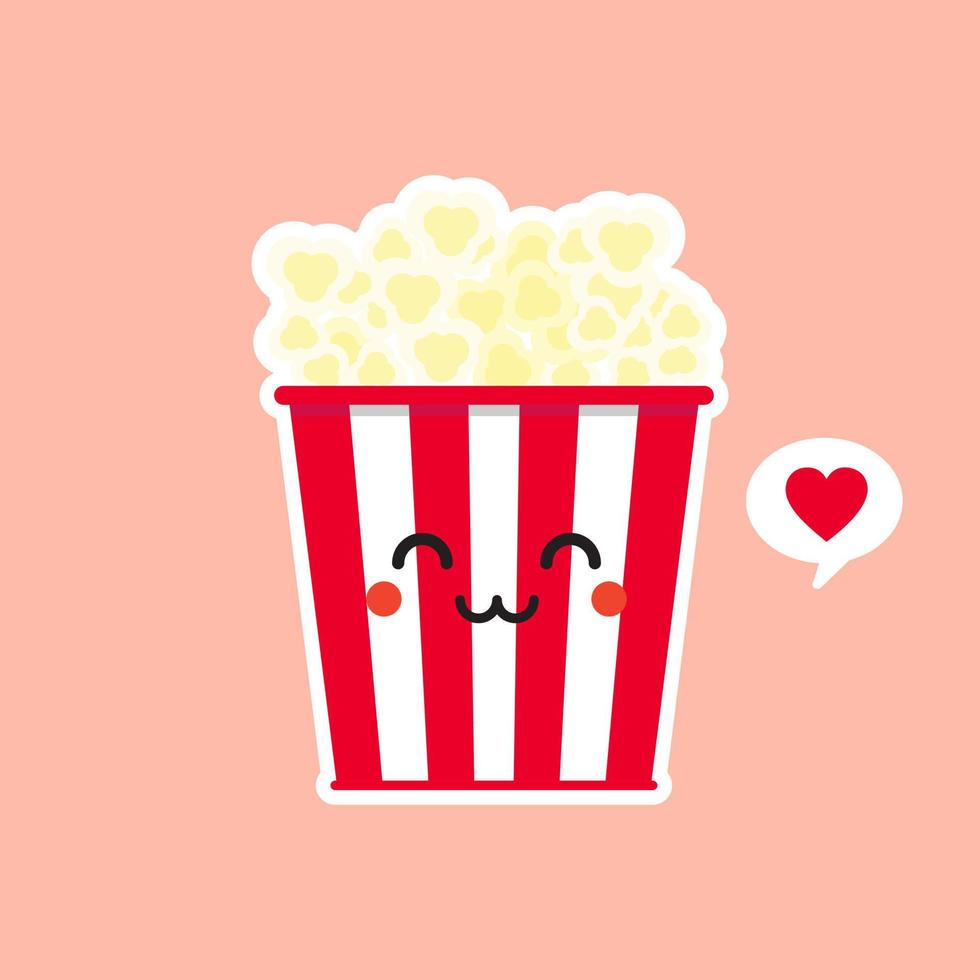 pipoca de pipoca fofa e kawaii no ícone de personagem de desenho animado de ilustração vetorial de lanche de cinema de caixa de balde vermelho em design plano. vetor