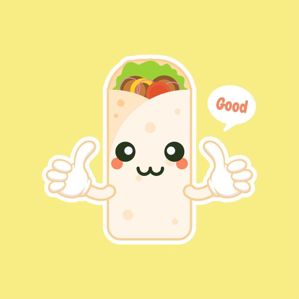 personagem de banda desenhada bonito e kawaii shawarma kebab com rosto sorridente saboroso fastfood embrulhado. emoji kawaii. pode ser usado no menu do restaurante, comida saudável. ingrediente culinário. vetor