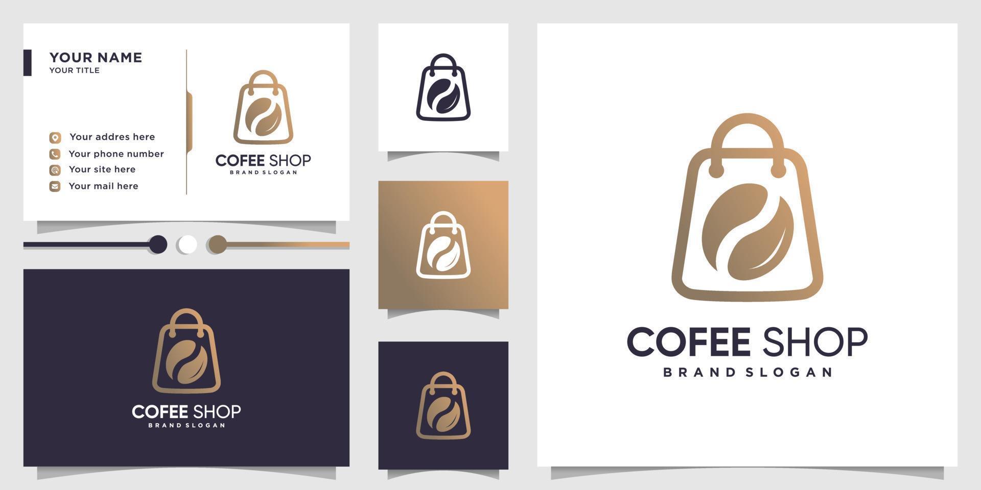 logotipo de café com conceito de loja de arte de linha e vetor premium de design de cartão de visita