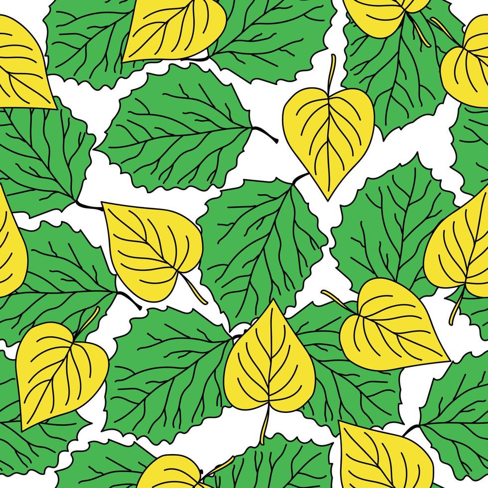 forma redonda deixa padrão sem costura, folhas de outono amarelas e verdes em estilo doodle em um fundo branco vetor