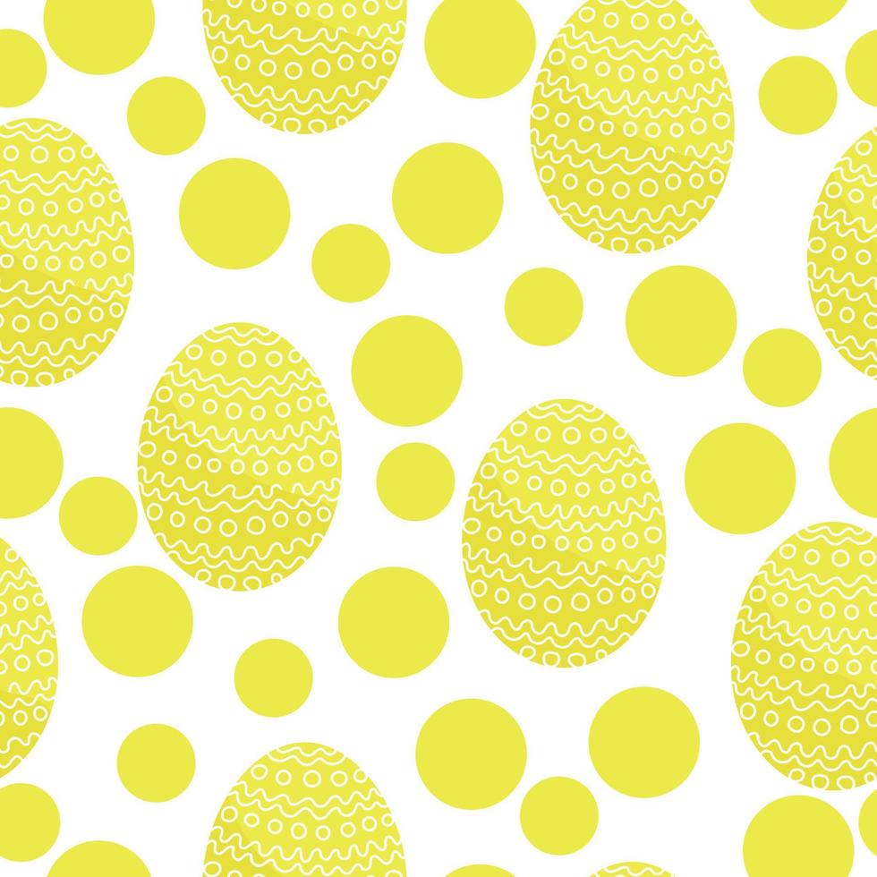 ovos de páscoa em padrão sem costura de cor amarela, ovos de férias estampados e pontos amarelos em um fundo branco vetor