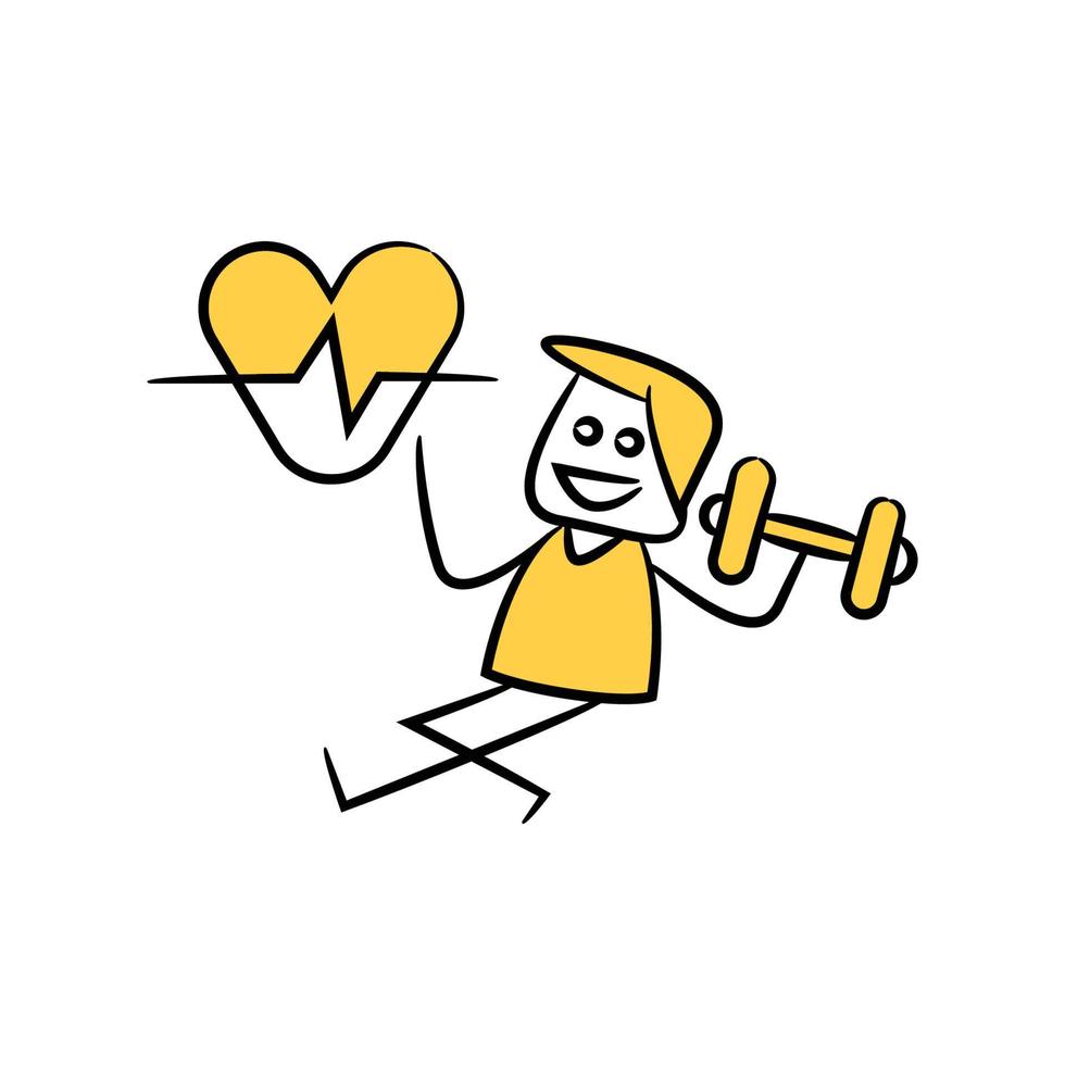 personagem de boneco amarelo com haltere e coração vetor