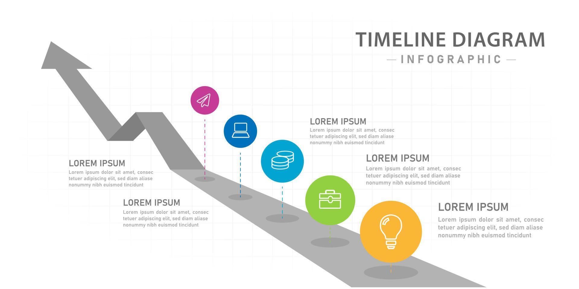 modelo de infográfico para negócios. Diagrama de linha do tempo moderno de 5 etapas com roteiro e círculos. vetor