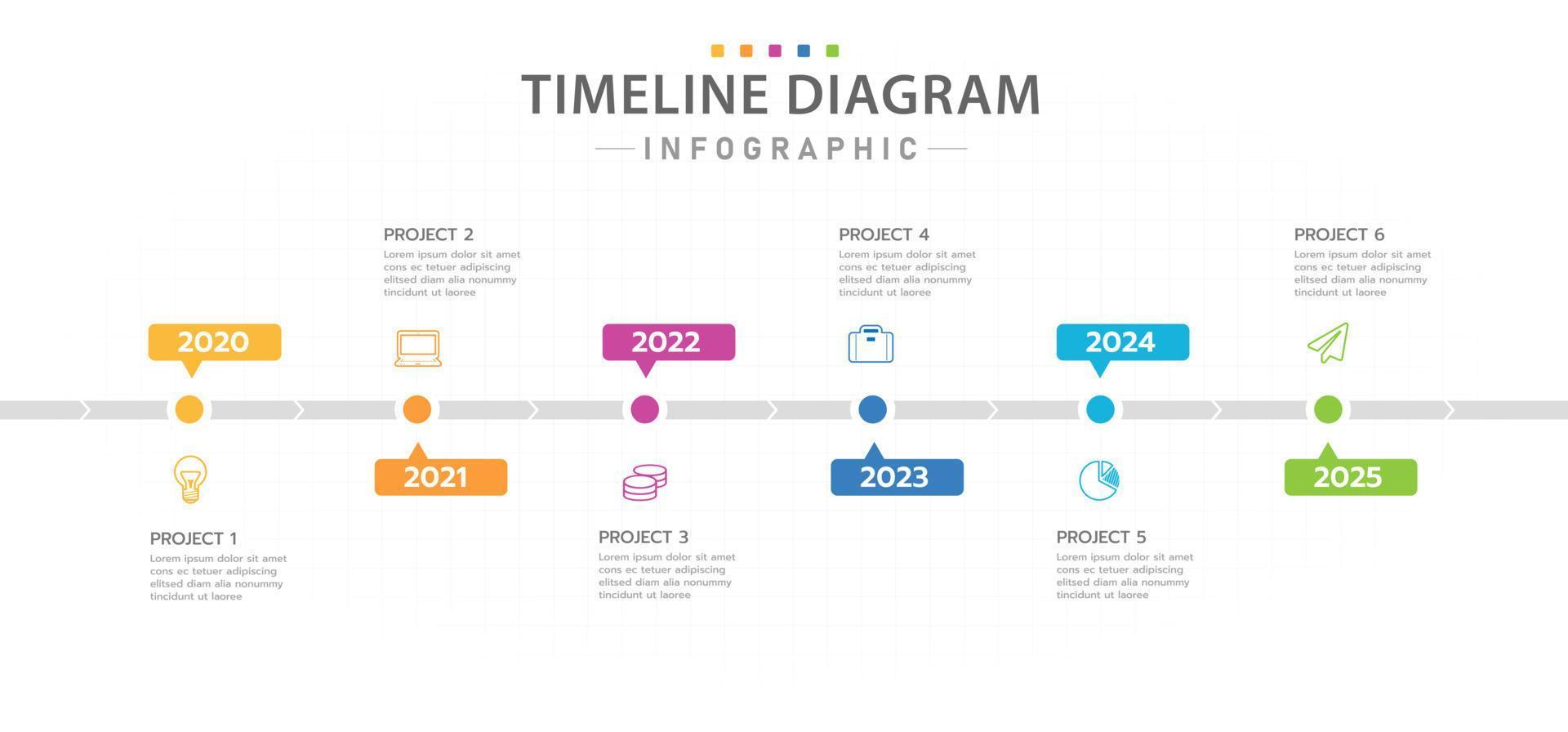 modelo de infográfico para negócios. Diagrama de linha do tempo moderno de etapas de 6 anos com gráfico de linhas, infográfico de vetor de apresentação.