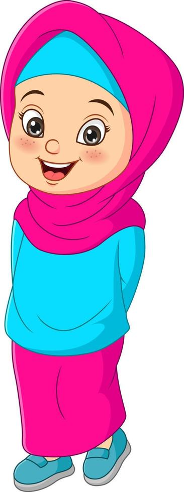 feliz desenho de menina muçulmana em pé vetor