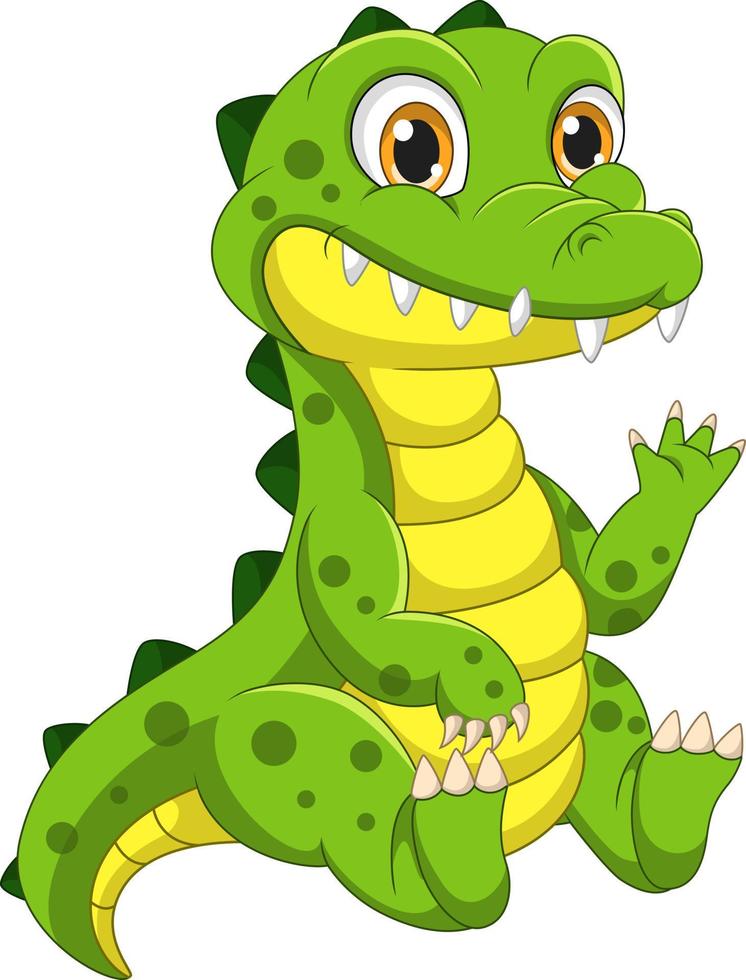 desenho de crocodilo bebê fofo sente-se e acenando com a mão vetor