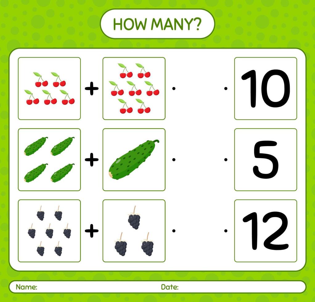 quantos jogo de contagem com frutas. planilha para crianças pré-escolares, folha de atividades para crianças, planilha para impressão vetor