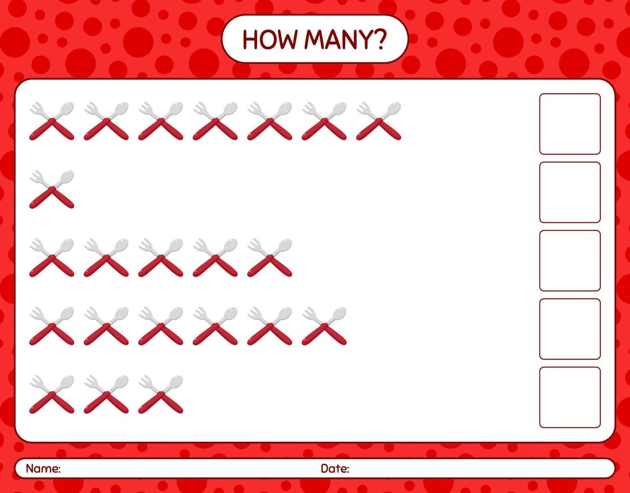 quantos jogo de contagem com colher e garfo. planilha para crianças pré-escolares, folha de atividades para crianças, planilha para impressão vetor
