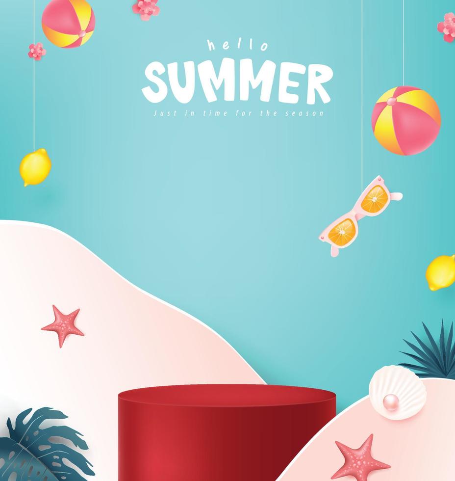 banner de venda de verão com forma cilíndrica de exibição de produtos tropicais vetor