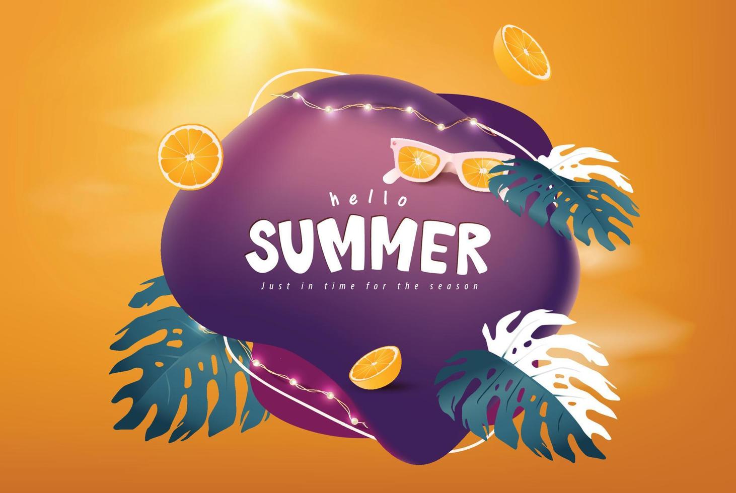 banner de venda de verão colorido com folhas tropicais e laranja vetor