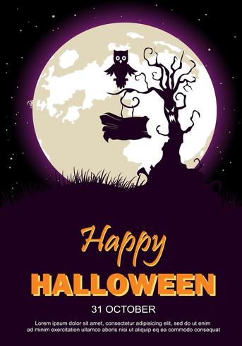 Cartaz de festa de Halloween com árvore, coruja e lua vetor