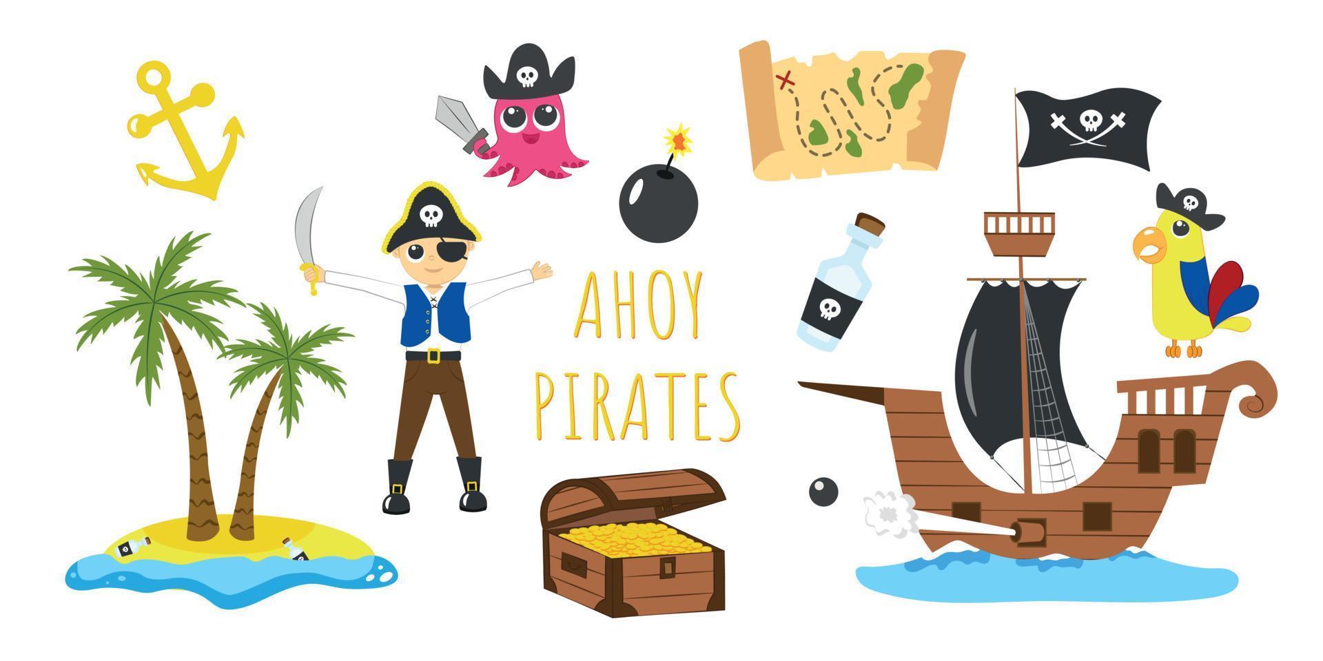 conjunto de elementos piratas ilustração infantil aventura no mar vetor