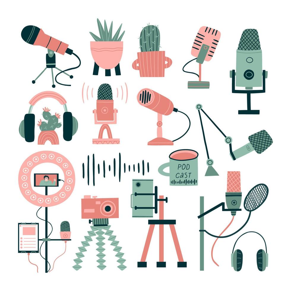 conjunto com microfones, flores, fones de ouvido sobre o tema do podcast. ilustração vetorial plana isolada no fundo branco. vetor