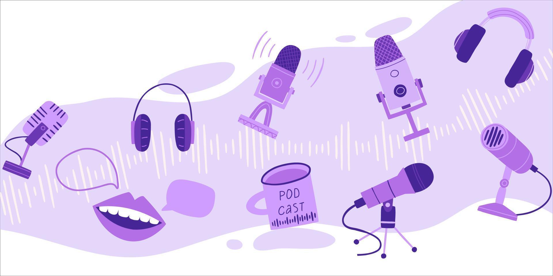 design de capa de podcast em estilo moderno e cor de veludo roxo. microfones, dispositivos de gravação de som, fones de ouvido, uma gaivota com uma bebida quente. ilustração vetorial plana mão desenhada. vetor