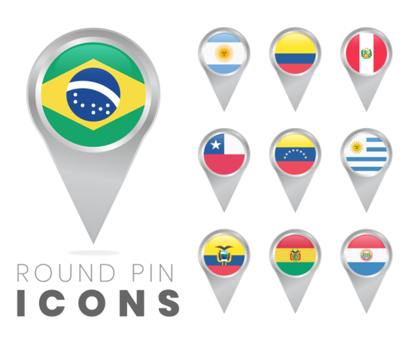 Ícones de pino redondo de bandeiras da América do Sul vetor