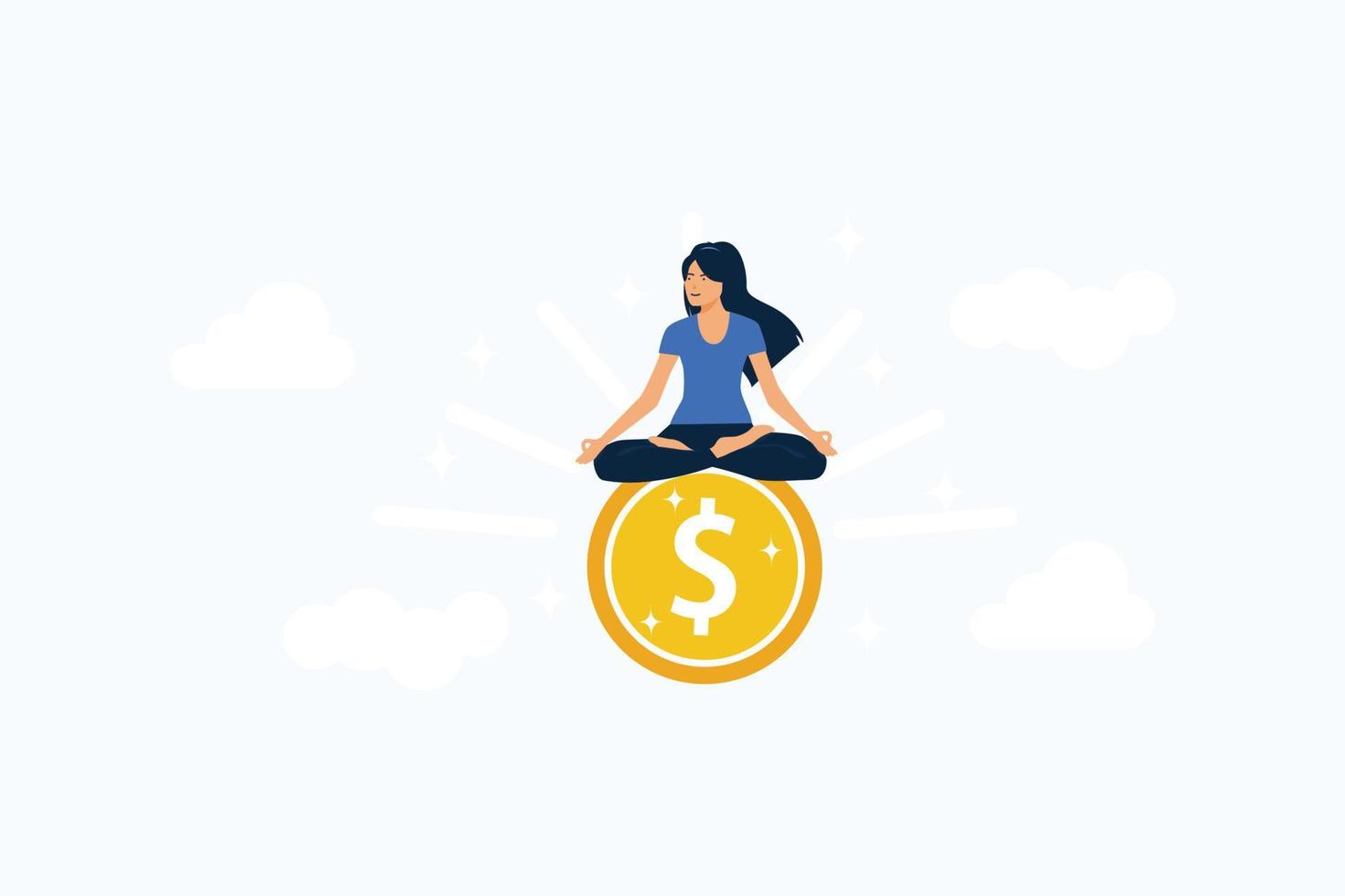 guru financeiro ou especialista, atenção plena em finanças comportamentais para gerenciamento de riqueza, conceito de consultor de dinheiro e investimento, empresário inteligente meditar e flutuar na grande moeda de dólar de dinheiro dourado. vetor