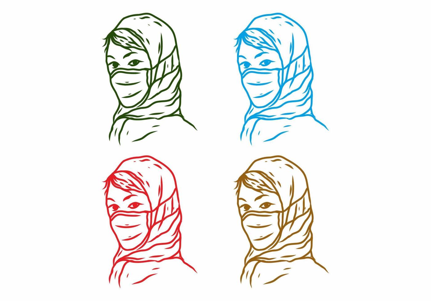 variação de quatro cores da mulher velada usando um desenho de arte de linha de máscara médica vetor