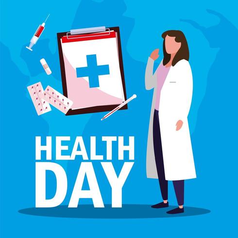 cartão do dia mundial da saúde com médica e ícones vetor