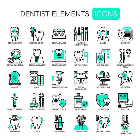 Conjunto de elementos de dentista fina linha e ícones perfeitos de pixel para qualquer projeto web e app. vetor