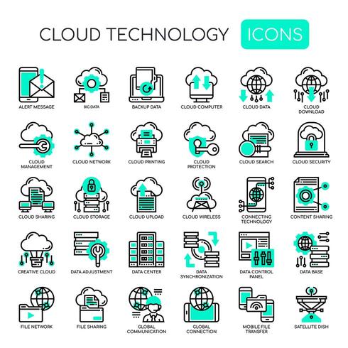 Tecnologia em nuvem, linha fina e ícones perfeitos de pixels vetor