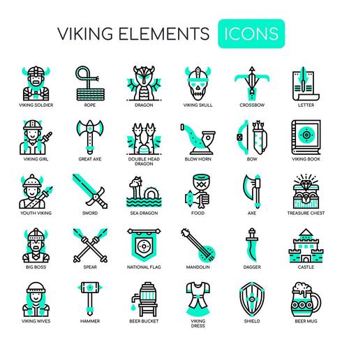 Linha fina de elementos Viking e ícones perfeitos de Pixel vetor