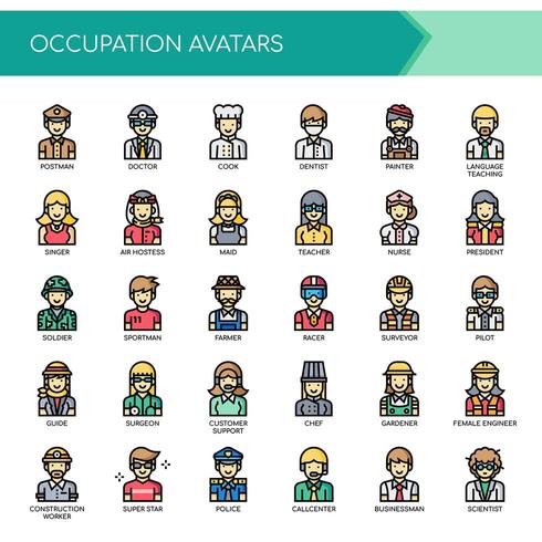 Avatares de ocupação, linha fina e ícones perfeitos de Pixel vetor
