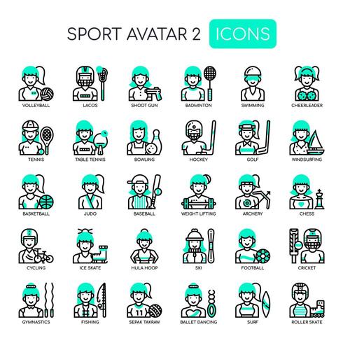 Avatares Sportgirl, linha fina e ícones perfeitos de Pixel vetor