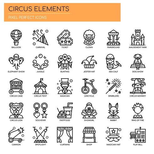 Elementos de circo, linha fina e ícones perfeitos de Pixel vetor
