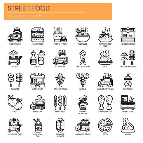 Comida de rua e caminhão de comida, linha fina e ícones perfeitos de Pixel vetor