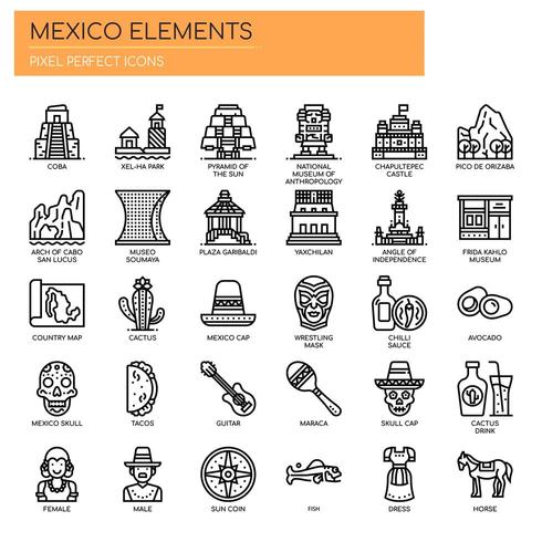 Elementos do México, linha fina e ícones perfeitos de Pixel vetor