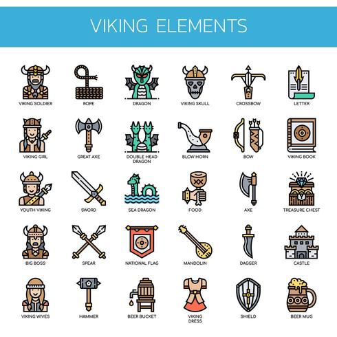 Elementos Viking, linha fina e ícones perfeitos de Pixel vetor