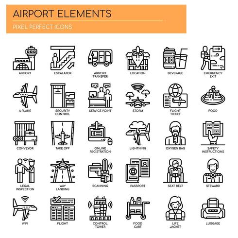 Elementos de aeroporto, linha fina e ícones perfeitos de Pixel vetor