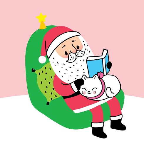 Livro de leitura do Papai Noel e gato dormindo vetor