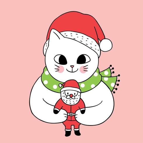 Gato bonito dos desenhos animados e boneca de Papai Noel vetor