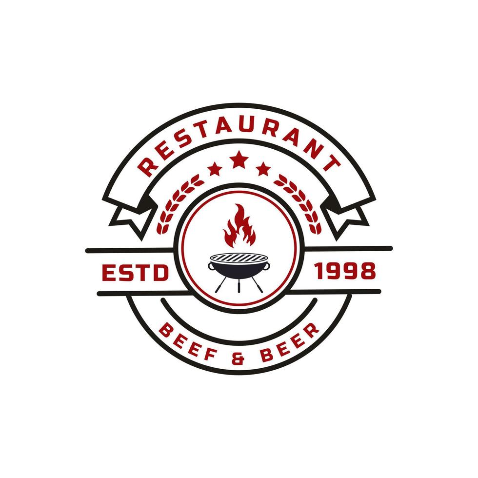 vintage emblema retrô grill design de restaurante rótulo de logotipo inspiração de design de vetor de logotipo de chama de fogo