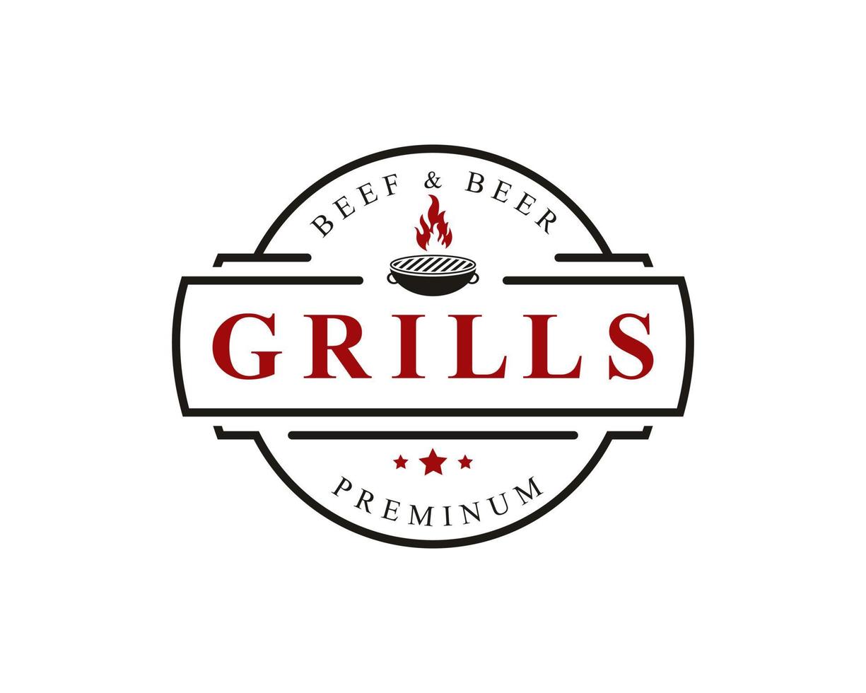 vintage emblema retrô grill design de restaurante rótulo de logotipo inspiração de design de vetor de logotipo de chama de fogo