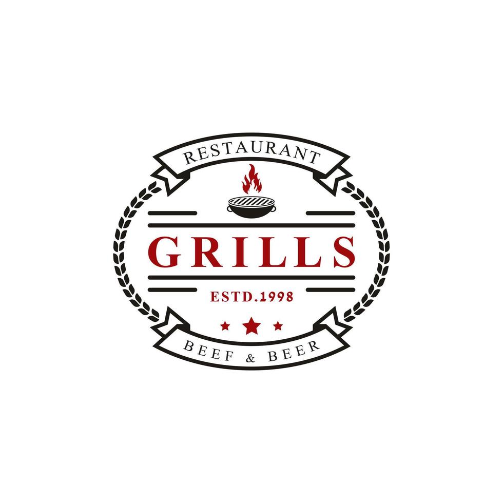 vintage emblema retrô grill design de restaurante rótulo de logotipo inspiração de design de vetor de logotipo de chama de fogo