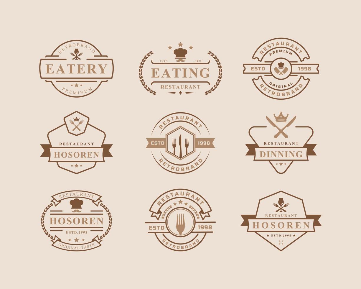 ícones de restaurante e café de crachá retrô vintage, silhuetas de design de logotipo de fast foodconjunto de ícones de restaurante e café de crachá retrô vintage, silhuetas de design de logotipo de fast food vetor