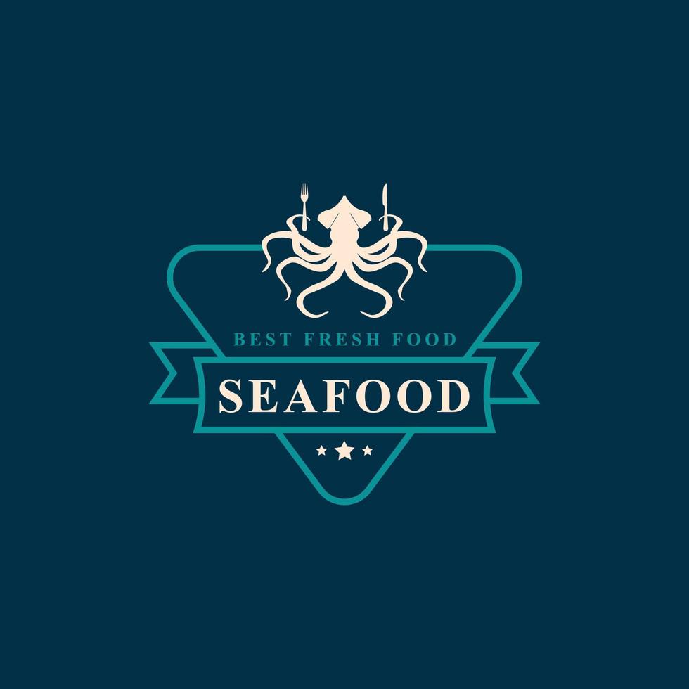 distintivo retrô vintage mercado de peixe de frutos do mar e modelo de emblema de restaurante silhuetas design de logotipo de tipografia vetor