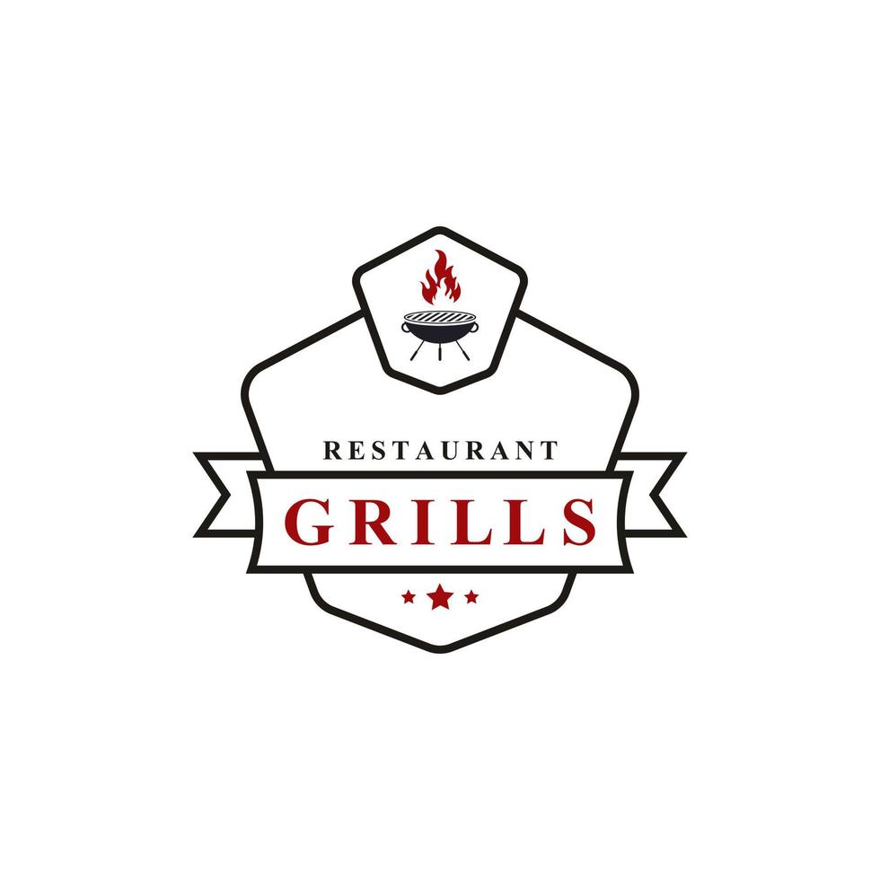 vintage emblema retrô grill design de restaurante rótulo de logotipo inspiração de design de vetor de logotipo de chama de fogo