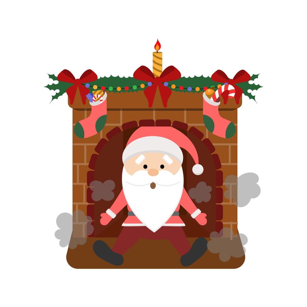 ilustração vetorial de papai noel caiu da chaminé de uma lareira, uma lareira decorada para o natal vetor