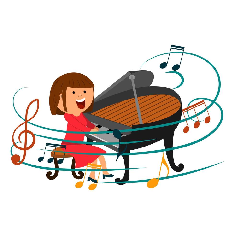 ilustração vetorial de uma linda garota de desenho animado tocando piano cercada por notas vetor