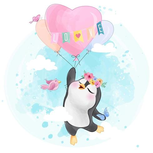 Pinguim bonitinho voando com balão de ar vetor