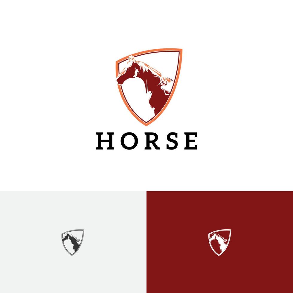 modelo de logotipo retrô vintage de estilo de gravura de cavalo de escudo equestre vetor