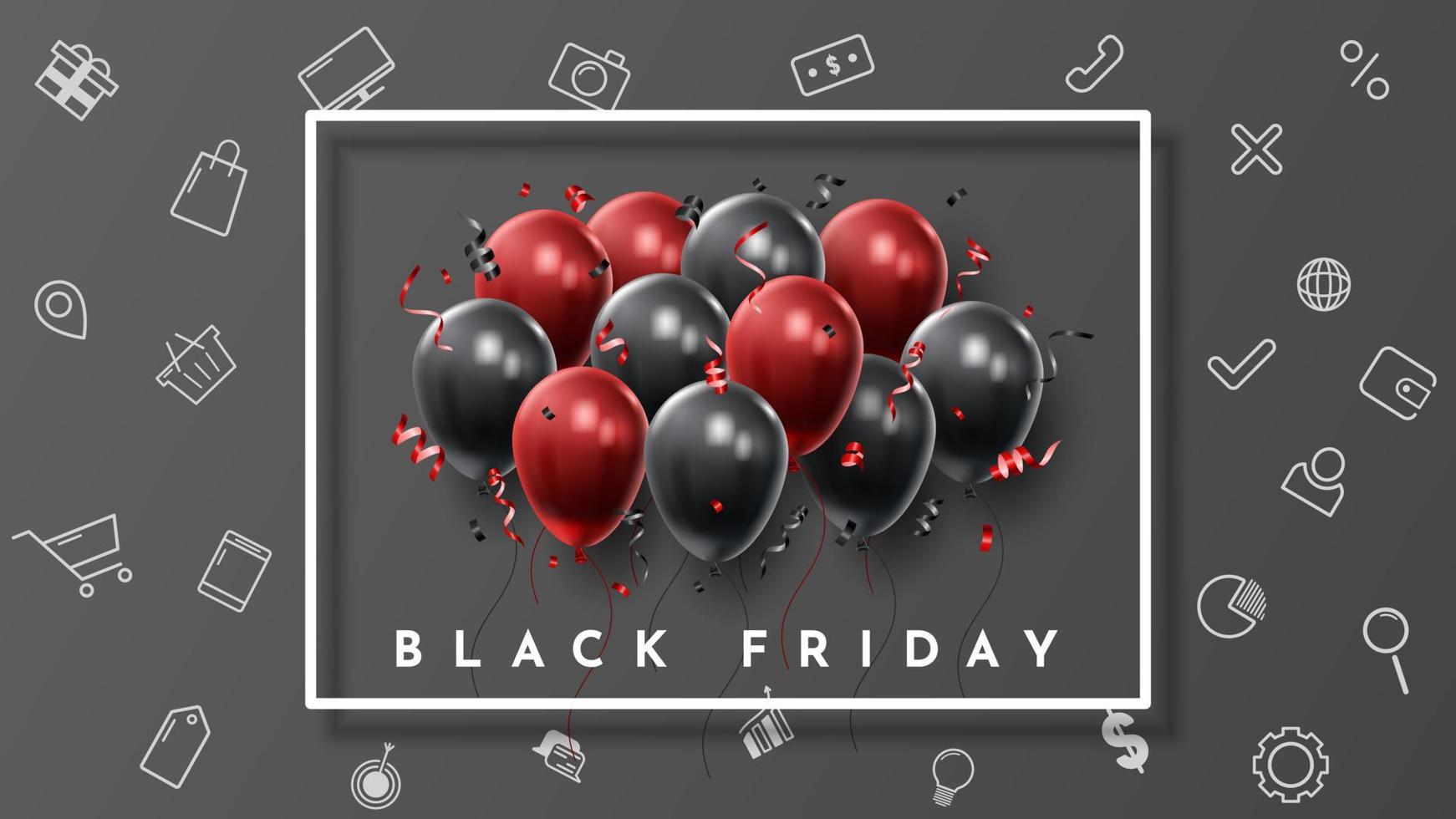 cartaz de venda de sexta-feira negra com balões brilhantes em fundo preto e branco. fundo vetorial universal para pôster, banners, panfletos, cartão. ilustração vetorial vetor