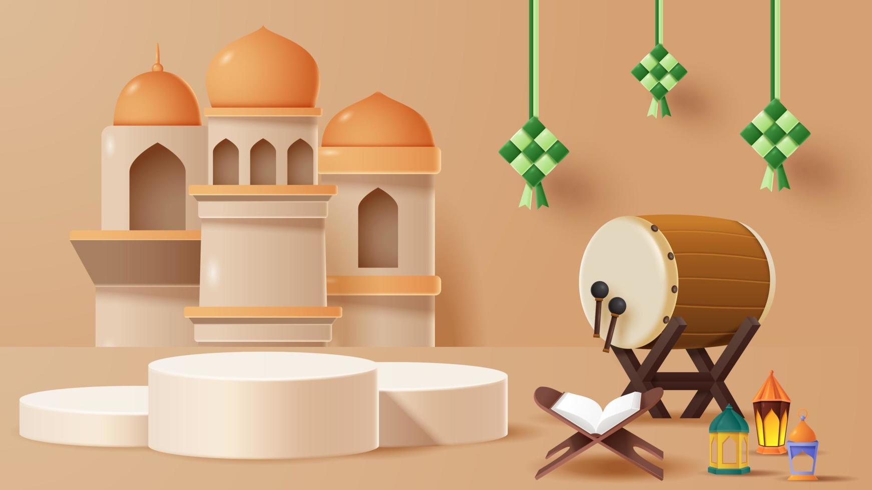 fundo de decoração de pódio de exibição islâmico com ornamento islâmico. ilustração vetorial 3d vetor