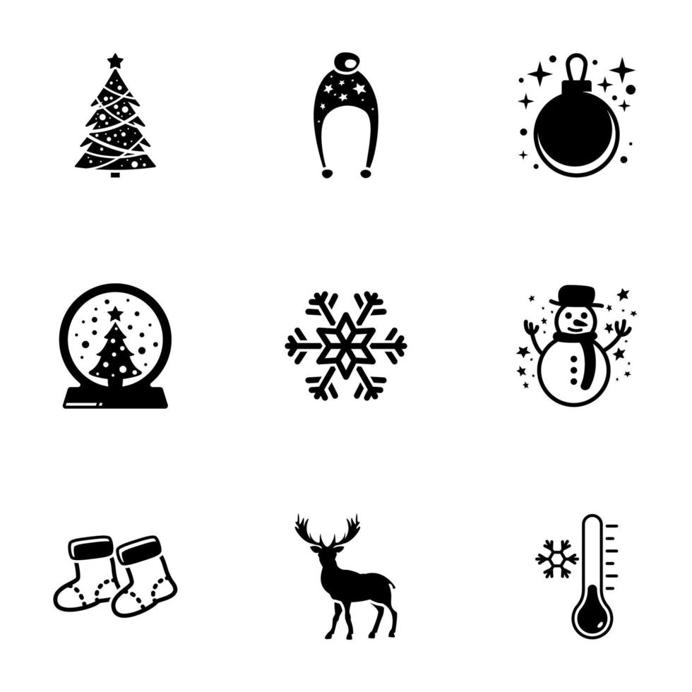 conjunto de ícones simples em um tema natal, feliz ano novo, inverno, vetor, design, coleção, plano, sinal, símbolo, elemento, objeto, ilustração, isolado. fundo branco vetor