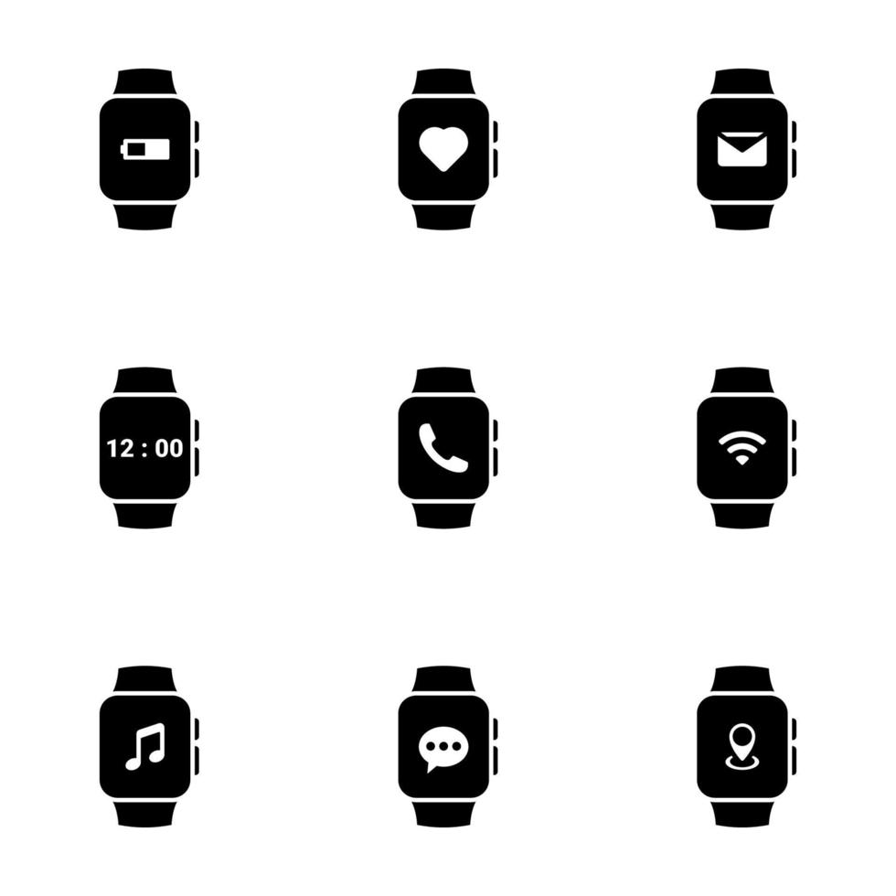 conjunto de ícones simples em um relógio inteligente de tema, vetor, design, coleção, plano, sinal, símbolo, elemento, objeto, ilustração, isolado. fundo branco vetor