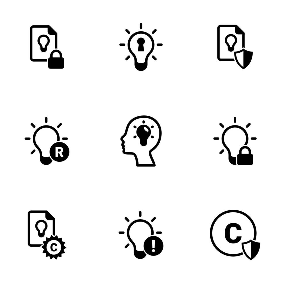 conjunto de ícones simples em um tema de propriedade intelectual, vetor, design, coleção, plano, sinal, símbolo, elemento, objeto, ilustração, isolado. fundo branco vetor